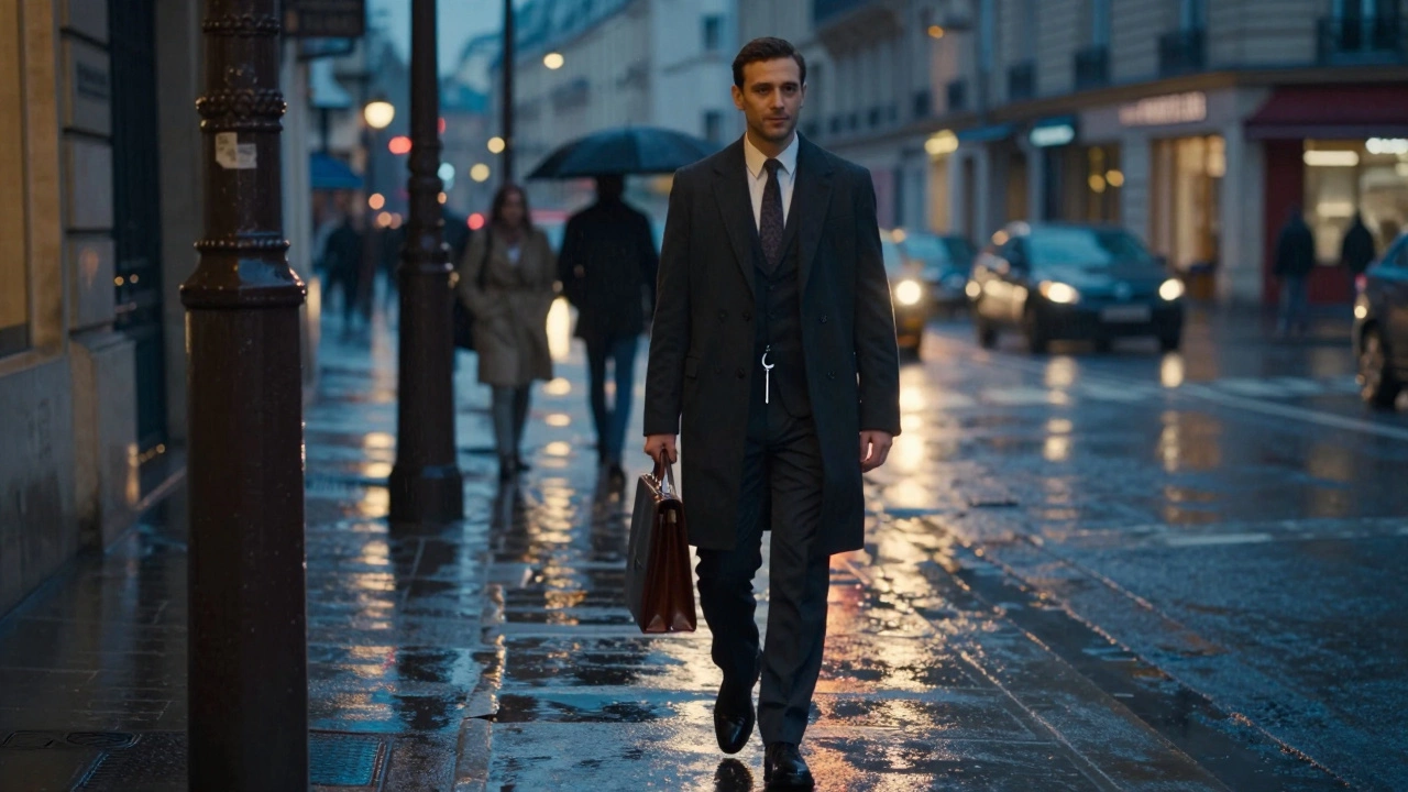 A man walks through rainy Paris at night, composed and undisturbed, device hidden beneath his suit.