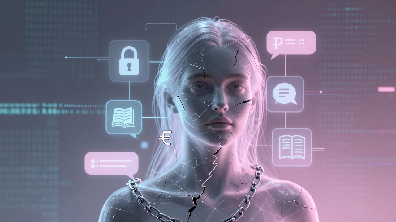 Digital portrait made of icons: lock, ruble, book, map, and broken chain, symbolizing anonymity, survival, and tech-driven independence.