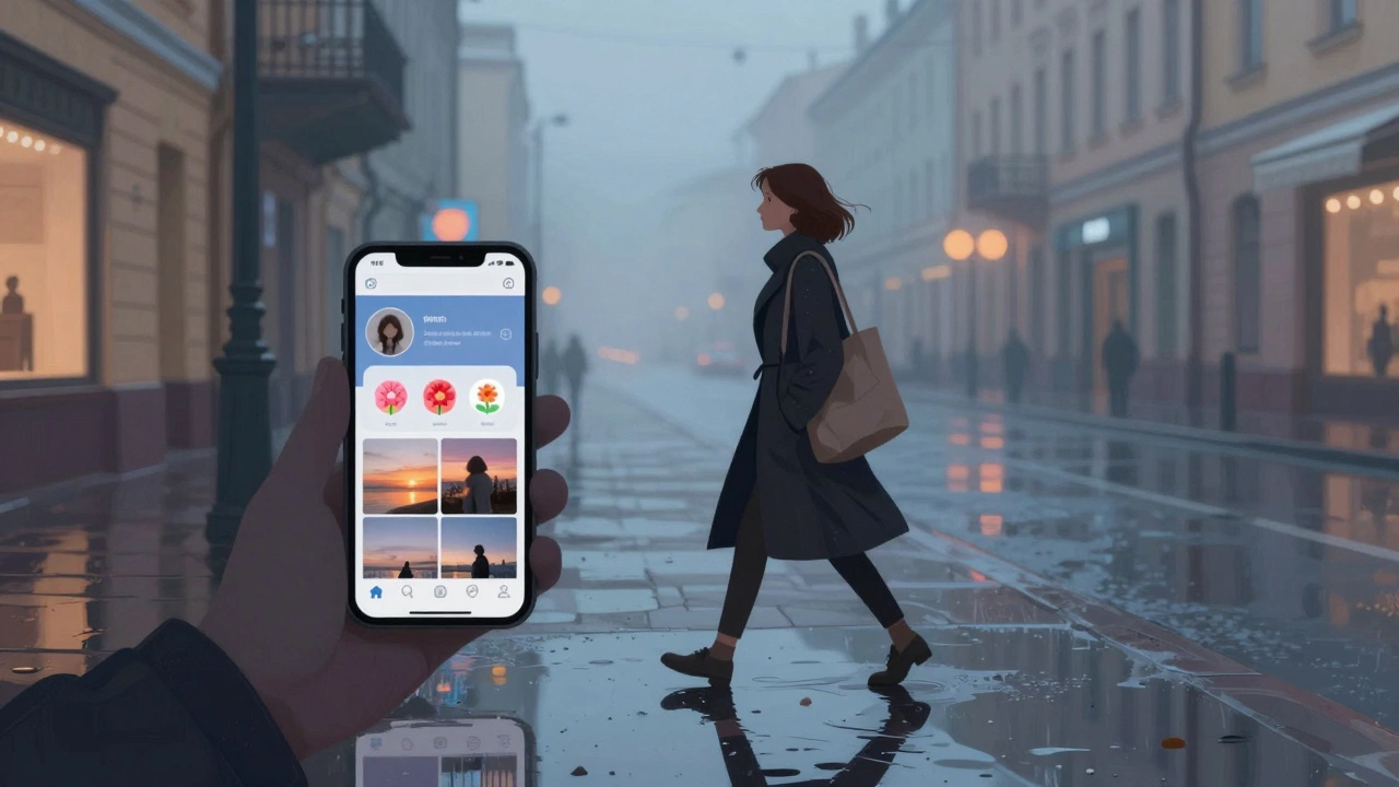 Woman walking at dusk in Saint Petersburg, her phone reflection shows an Instagram profile with flower emojis and sunset photos.